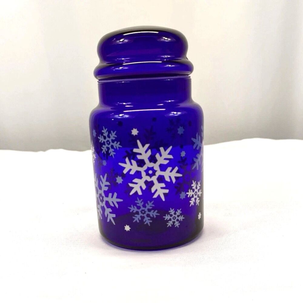 Libbey Cobalt Blue Glass Jar Lid Christmas Snowflakes Apothecary Air Tight